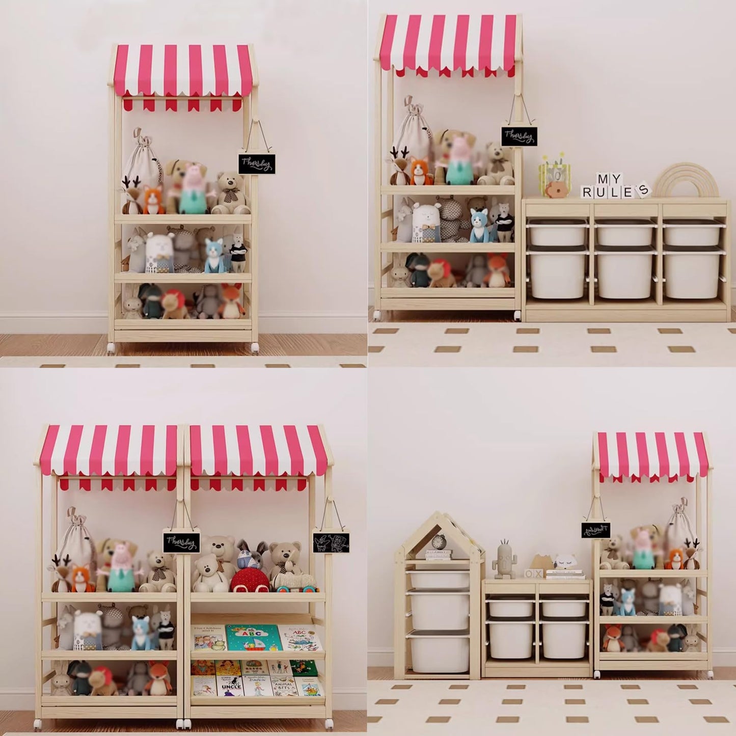 HaoGZMZFCL 3 Tier Wood Storage Rack with Lockable Casters for Easy Movement for Living Room Bed Room Wooden Storage Shelf Bookshelf Coat Rack for Books Toys Clothes, a Rod (Red & White roof)