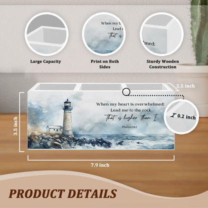 WODMIS Christian Coastal Beach Pen Pencil Holder for Desk, Christian Gifts for Women Men, Nautical Lighthouse Bible Verse Wooden Box Organizer Decorations for Home Office Desk Accessories Tabletop