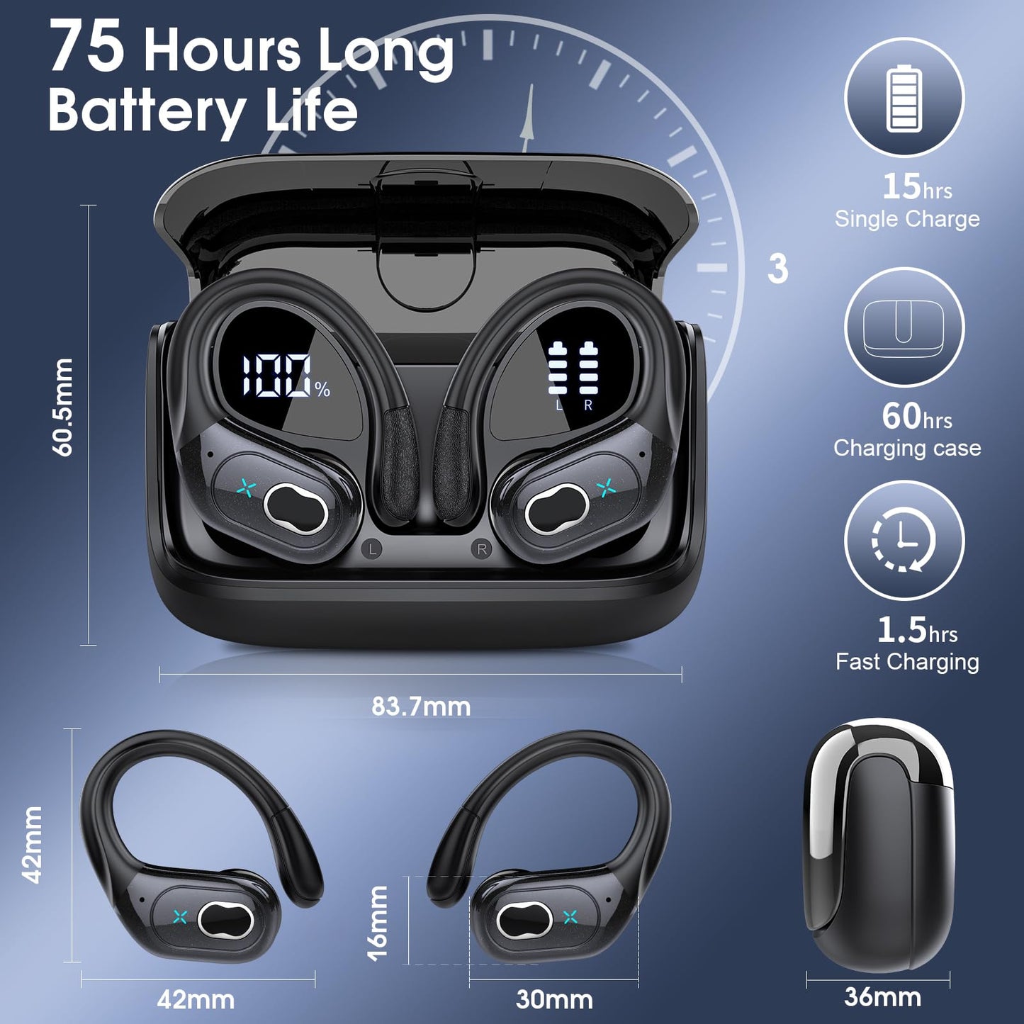 Wireless Earbuds 75hrs Bluetooth 5.4 Headphone Sport, 2026 Bluetooth Earbuds Stereo Deep Bass Over Ear Bud with Earhooks, ENC Noise Cancelling Mic, IPX7 Waterproof Earphone for Gym/Running/Workout