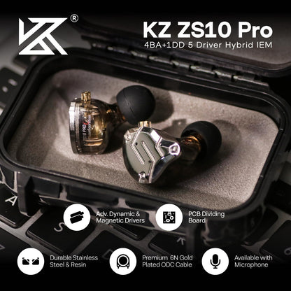 Linsoul KZ ZS10 Pro, 4BA+1DD 5 Driver in Ear Monitor, HiFi Wired Earbuds, Gaming Earbuds, Hybrid IEM Earphones with Stainless Steel Faceplate, Detachable Cable for Musician(with Mic, Black)