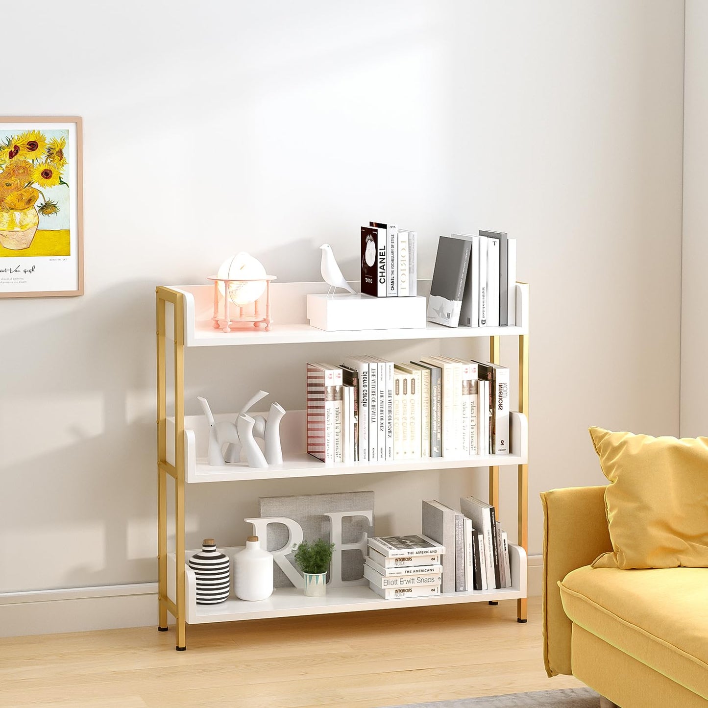 OSCHF Wide Open Shelf Bookcase - Modern 3-Tier Floor Standing Display Bookshelf with Three-Side Panels for Home and Office, Storage Shelving in Warm White with Gold Frame