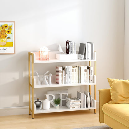 OSCHF Wide Open Shelf Bookcase - Modern 3-Tier Floor Standing Display Bookshelf with Three-Side Panels for Home and Office, Storage Shelving in Warm White with Gold Frame