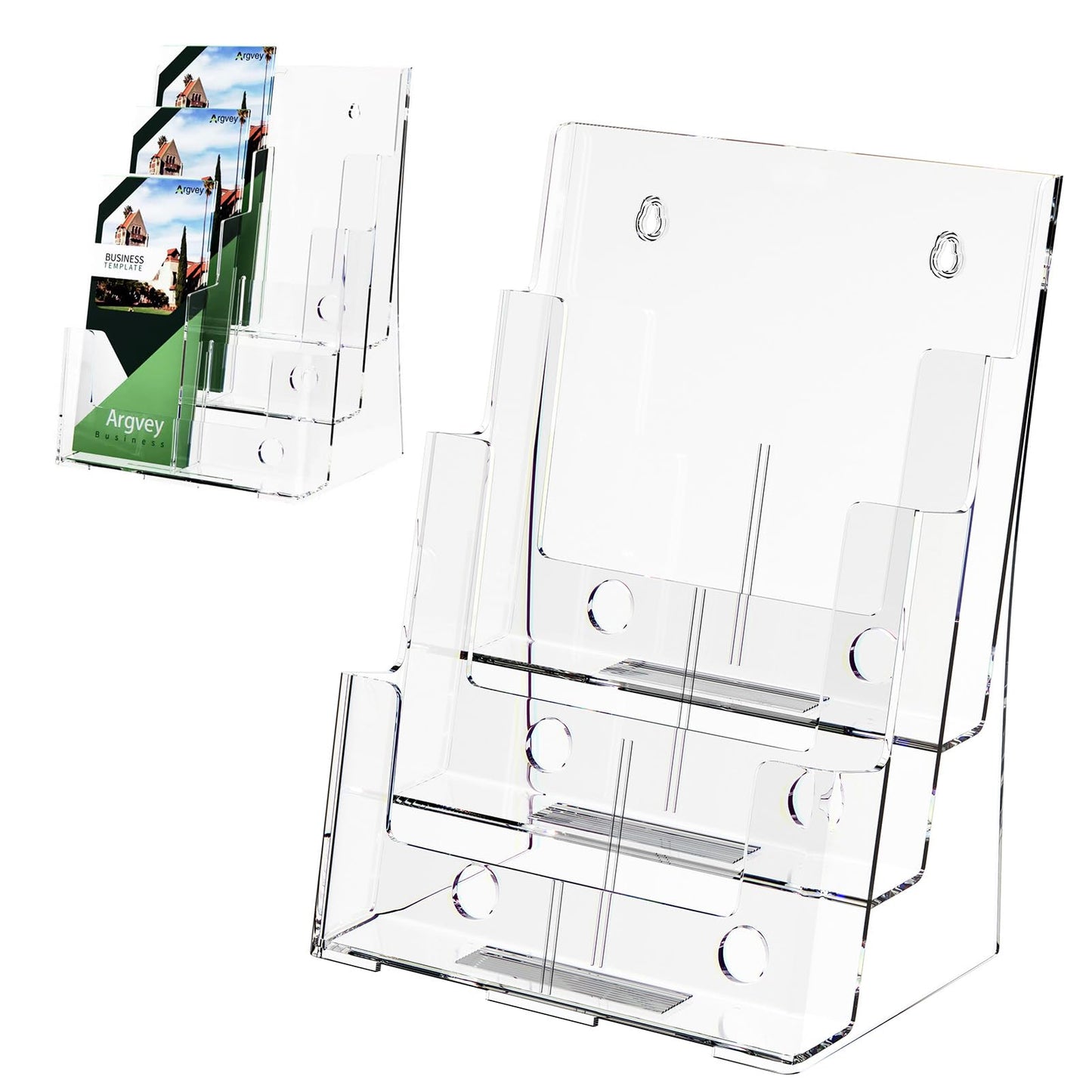 Argvey Acrylic Brochure Holder 8.5 x 11 inches, 3 Tier Clear Literature Holder with Removable Divider for Trifold 4 Inches Wide Pamphlet, Plastic Flyer Display Stand for Magazine, Document, Booklet