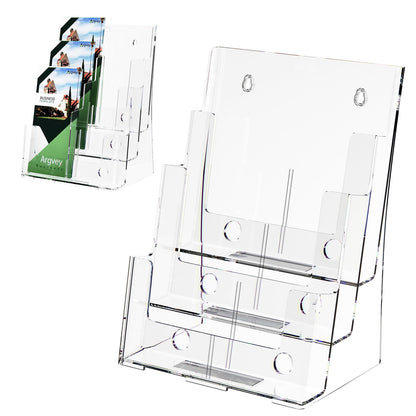 Argvey Acrylic Brochure Holder 8.5 x 11 inches, 3 Tier Clear Literature Holder with Removable Divider for Trifold 4 Inches Wide Pamphlet, Plastic Flyer Display Stand for Magazine, Document, Booklet