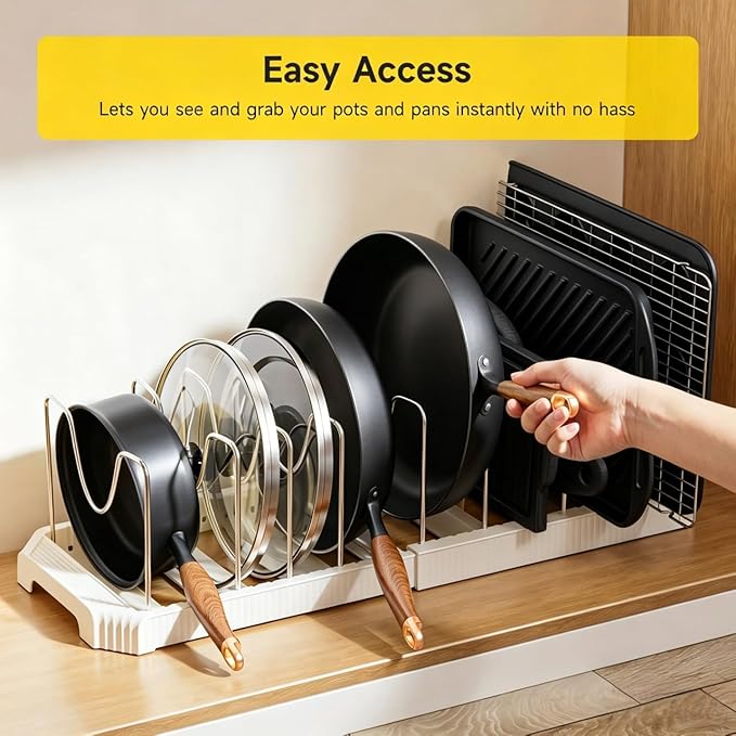 MUDEELA Pots and Pans Organizer under Cabinet, Expandable Rack with Pot Lid Holder and 10 Adjustable Dividers, Pan Organizers inside Cabinet for Kitchen Organization, Cutting Boards, Baking Sheets