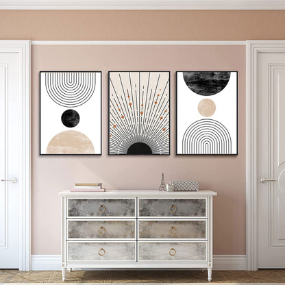 LOARTVE 3Pcs Beige Boho Wall Art Mid Century Modern Wall Decor Pictures Neutral Abstract Geometric Line Minimalist Canvas Posters Prints for Living Room Bedroom Office Home Decoration Unframed