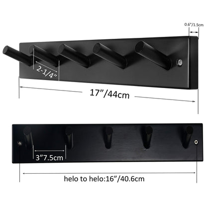 SKOLOO Wooden Wall Mounted Coat Rack,16'' Hole to Hole, 5 Pegs Bamboo Wall Hook for Hanging Clothes Robes Towels Hats,Black