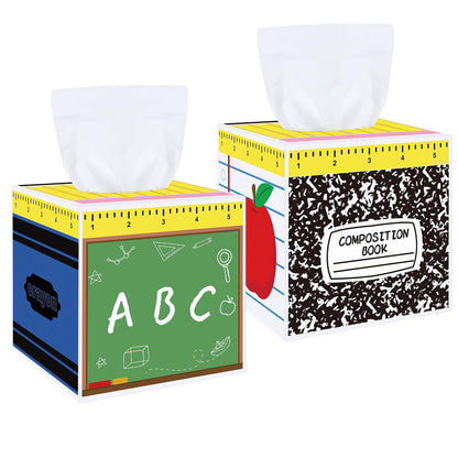 NFAMRZCAR 2 Pack Back to School Gift Wooden Tissue Box Cover, Square School Themed Tissue Holder Dispenser Paper Case for Back to School, First Day of School, Classroom Office Desk Decor
