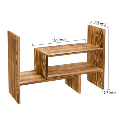 Liry Products Adjustable Extendable Natural Wood Desktop Organizer Caddy Desk Organizer Countertop Shelf Bookcase Display Stand Rack Expandable Storage Office Home (Dark Brown)