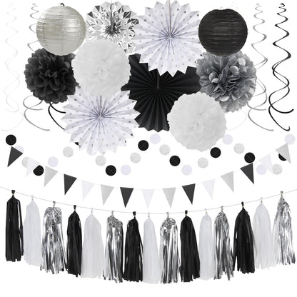 Black White-Silver Party-Decorations - 33pcs Kits Banner,Graduation Streamer Tassel Garland,Tissue Pom Poms Honeycomb,Paper Lantern Fans,Birthday Wedding Baby Bridal Shower New Years Decor Hugtmr