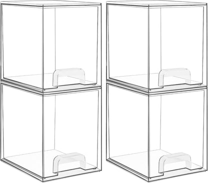 Vtopmart 7.6" H Clear Stackable Storage Drawers, 4 Pack Plastic Organizers Bins for Skincare, Cosmetics,Beauty Supplies,Ideal for Vanity, Bathroom,Kitchen Countertop,Cabinet Organization