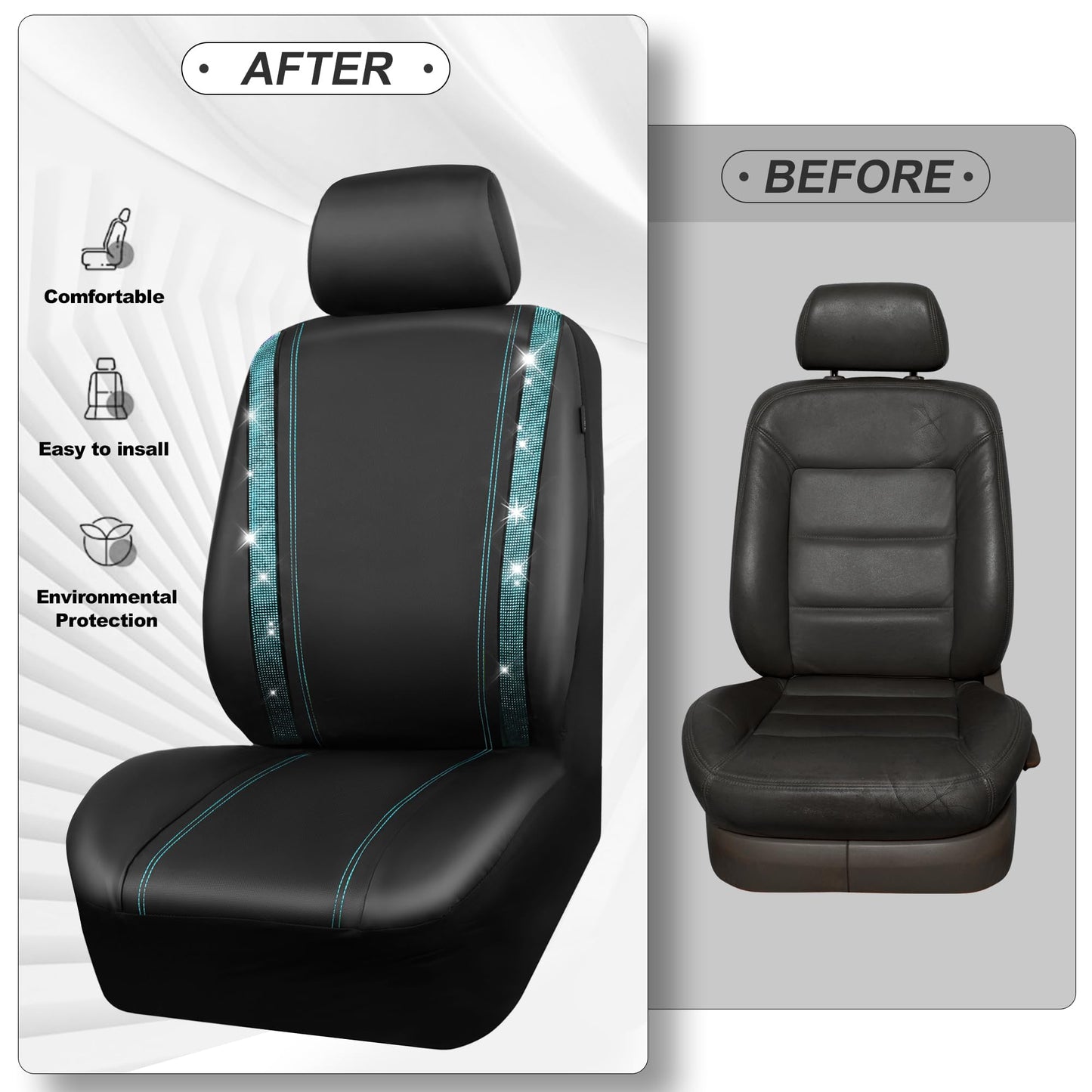 CAR PASS Bling Car Seat Covers Full Set, Shining Rhinestone Diamond Waterproof Faux Leather Universal Fit 95% Automotive Glitter Crystal Sparkle Strips for Cute Women Girl, Full Set (Mint Diamond)