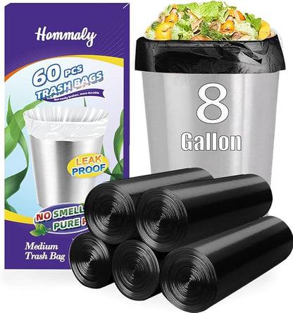 8 Gallon 60pcs Medium Black Trash Bags Strong Black Garbage Bags, Bathroom