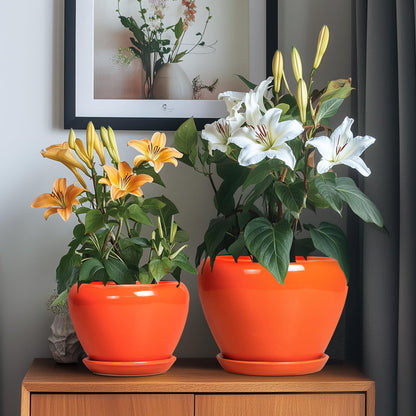 EPFamily Ceramic Planter - 10 Inch 8 Inch 6 Inch Plant Pot with Drainage Holes and Saucers, Round Planters for Indoor Outdoor, Modern Flower Pots, House Garden Room Decor, Gardening Gifts, Orange