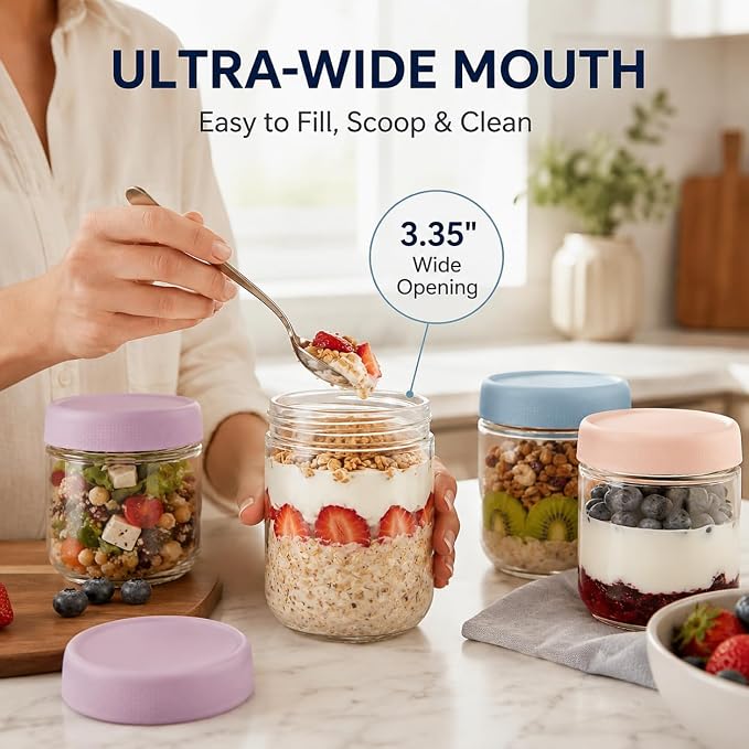 6 Pack Overnight Oats Containers with Screw Lid (3 × 10 oz, 3 × 16.7 oz) 2026 Upgraded High Borosilicate Glass Containers for Snacks Yogurt Spice Sugar, Wide Mouth Mason Salad Jars