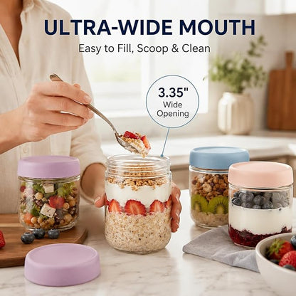 6 Pack Overnight Oats Containers with Screw Lid (3 × 10 oz, 3 × 16.7 oz) 2026 Upgraded High Borosilicate Glass Containers for Snacks Yogurt Spice Sugar, Wide Mouth Mason Salad Jars