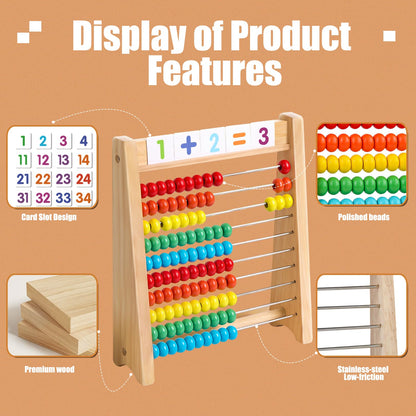 Ranqibo Wooden Abacus for Kids Math - 10-Row Counting Toy with 100 Beads, Number Cards & Counting Sticks, Educational Counters for Kids Math Gift for Age 3 4 5 6 7 Year Old Boy Girl