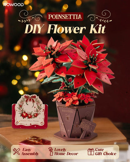 Rowood 3D Puzzles for Adults,Poinsettia Building Set Craft Kit,Artificial Flower Botanical Collection,Christmas Flowers Decoration Centerpiece for Table