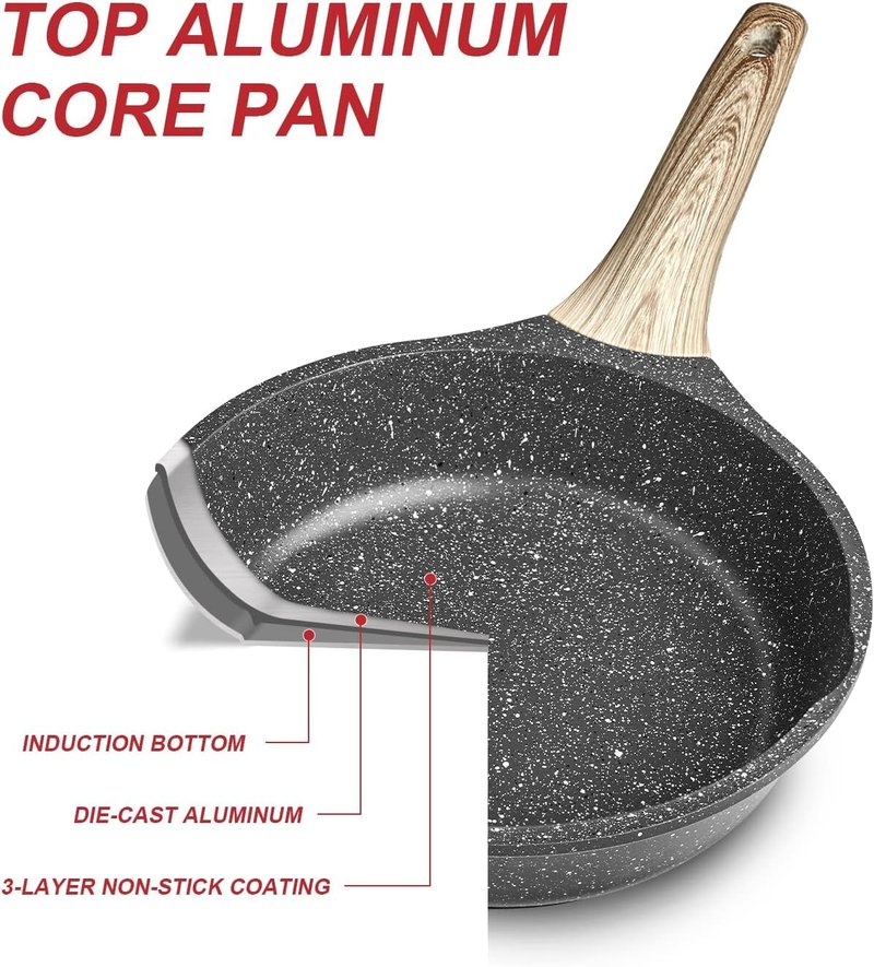 Caannasweis Nonstick Granite Frying Pan Skillet, Non Stick Omelette Fry Pans, Omelet Egg Pan, Stone Cookware Chef's Pan, Induction Compatible, PFOA Free (Gray, 8 Inch with Lid)