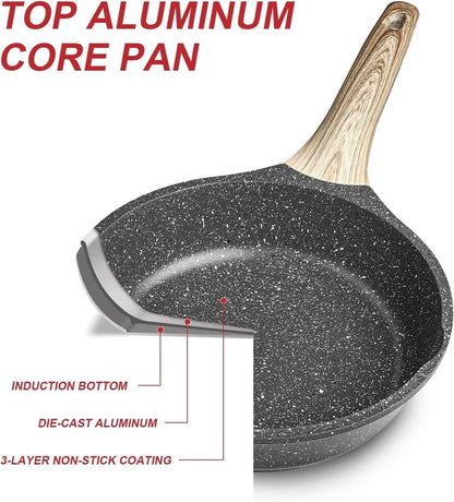 Caannasweis Nonstick Granite Frying Pan Skillet, Non Stick Omelette Fry Pans, Omelet Egg Pan, Stone Cookware Chef's Pan, Induction Compatible, PFOA Free (Gray, 8 Inch with Lid)