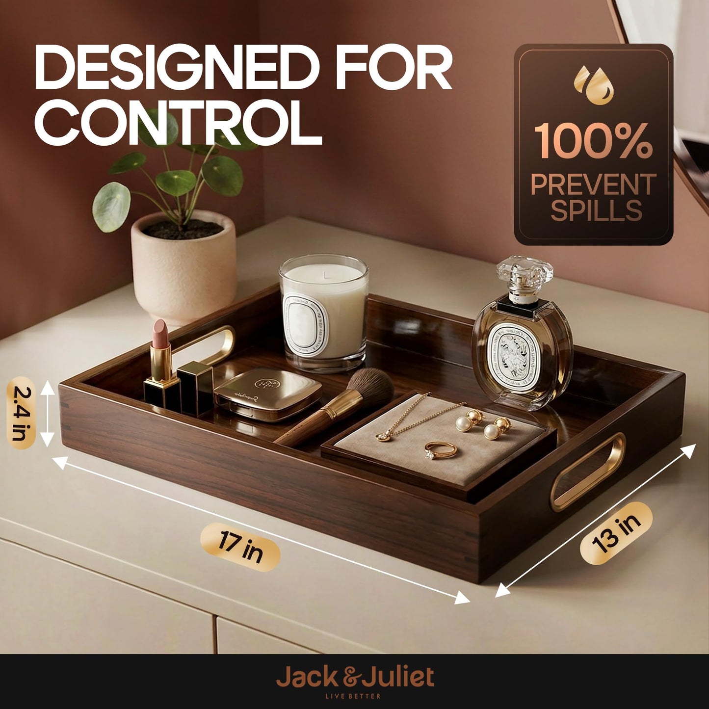 Jack & Juliet Teak Wood Ottoman Tray – Wooden Multifunctional Tray with Real Brass Handles - Non Slip Base in Food-Safe Finish - Gift-Ready Packaging for Coffee Table and Home Decor (Walnut)