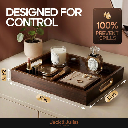 Jack & Juliet Teak Wood Ottoman Tray – Wooden Multifunctional Tray with Real Brass Handles - Non Slip Base in Food-Safe Finish - Gift-Ready Packaging for Coffee Table and Home Decor (Walnut)