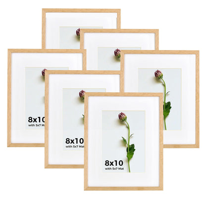 Atryinous 8x10 Picture Frame Set of 6 Solid Oak Wood Photo Frames with Plexiglass Display Picture 5x7 with mat or 8 x 10 without mat Tabletop or Wall Hanging Collage Gallery Wall Decor