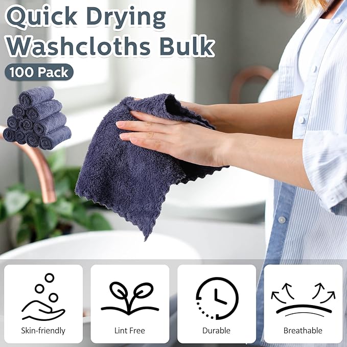 Newwiee 100 Pcs Washcloths Bulk Quick Drying Bathroom Wash Clothes 12 x 12 Inch