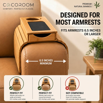 COCOROOM Sofa Armrest Tray with Drawer & Cup Holder — Wooden Couch Arm Tray with Anti-Slip Surface | Fits Most Sofa & Couch Arms (Natural)