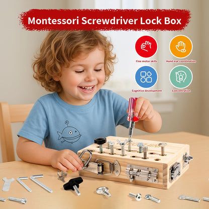 INIFEIDALA Montessori Busy Board for Toddlers 3-5,Wooden Sensory Toy with Locks,Latches & Screwdriver Set, Fine Motor Skills Learning Toy for Travel,Quiet Play & Preschool Activities