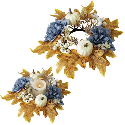 Thanksgiving Fall Candle Ring Holder Artificial Pumpkin Berries Maple Leaves Dahlia Flowers Candle Ring Wreath for Autumn Wedding Harvest Table Centerpiece Decor Supplies (Blue)