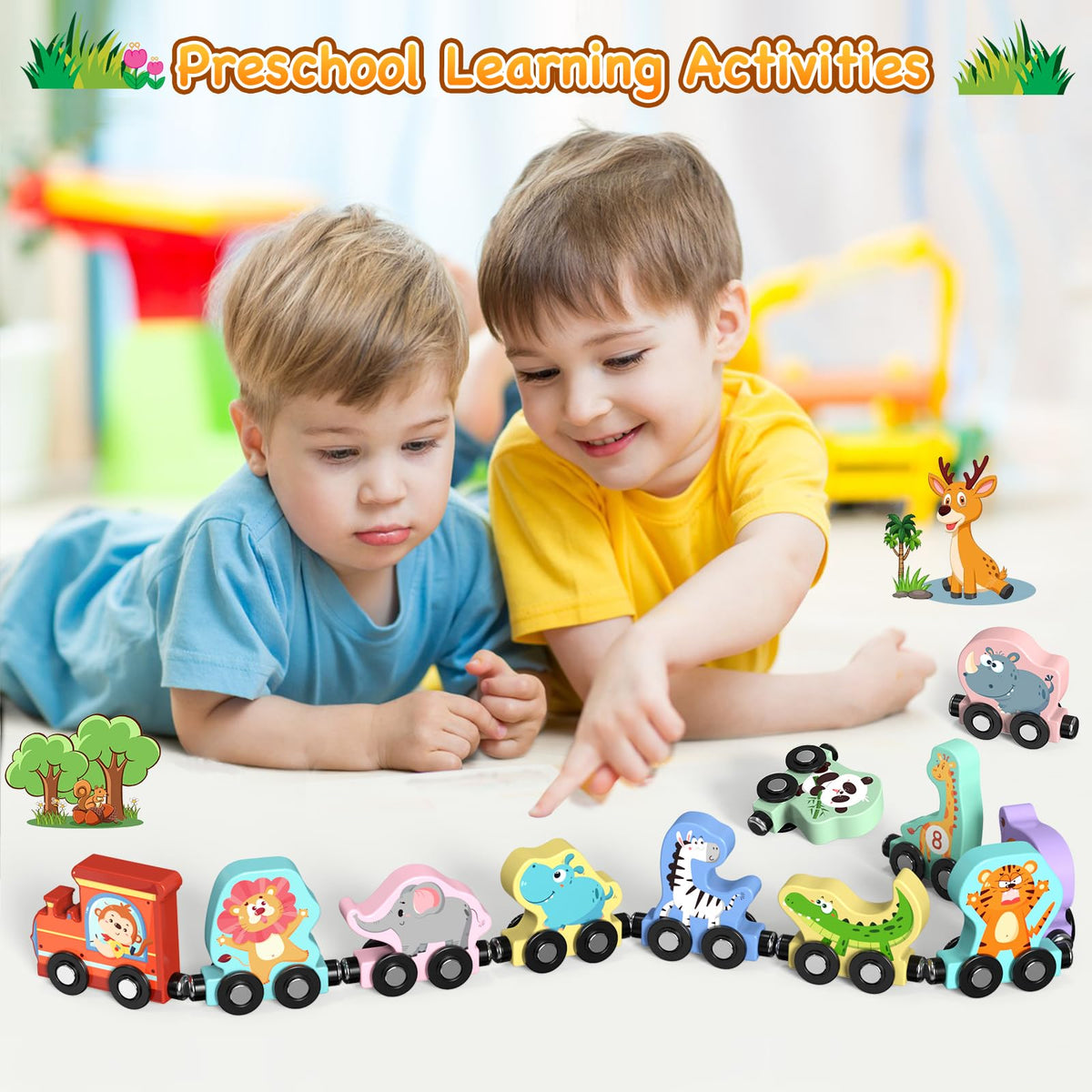 Zeoddler Toys for Toddlers, 11 Magnetic Wooden Animals Train Set, Montessori Toys for Toddlers, Preschool Learning Activities for Kids, Birthday Gifts for Boys, Girls