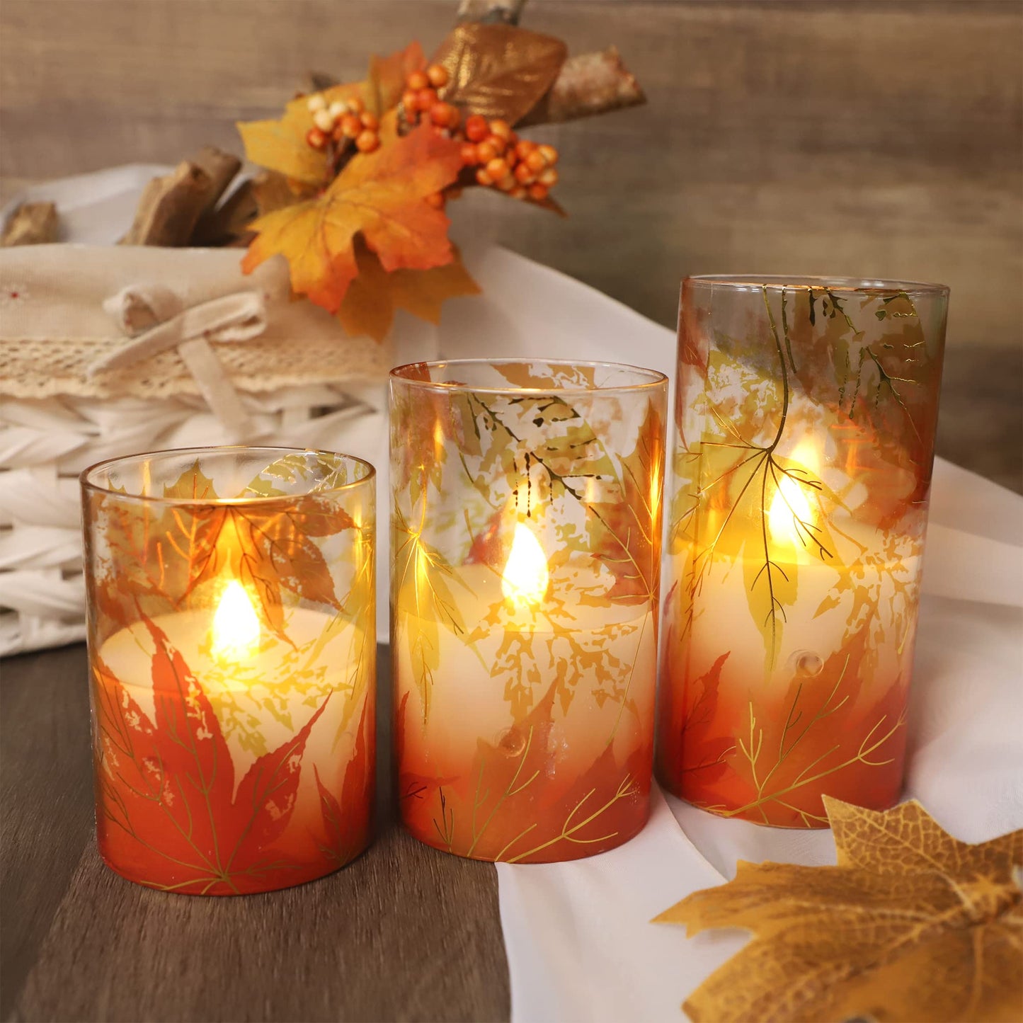 Crystal Club Fall Flameless Candles, Autumn Maple Leaves LED Flickering Candles with Remote and Timer, Battery Operated Glass Effect Pillar Candles for Fall Home Thanksgiving Home Décor