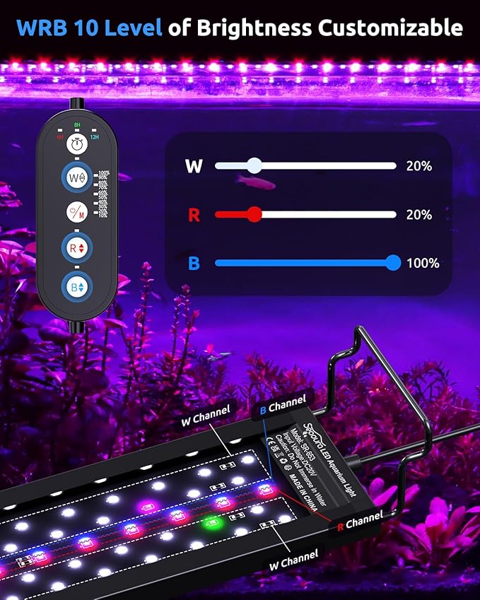 SEAOURA Aquarium LED Light for 24-30in Freshwater Tank, Full Spectrum Aquarium Light for Plant Growth, 6H/8H/12H Timer, WRB 3 Channel Customizable, 10 Brightness & 11 Colors, Adjustable Bracket