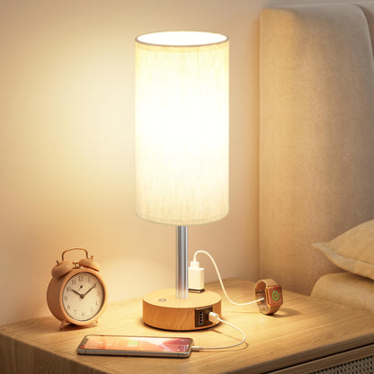 Touch Bedside Table Lamp with Memory - Stepless Dimmable Lamp for Bedroom, Small Nightstand Lamp with Dual USB Charging Ports and AC Outlet, Wood Night Light, Deak Lamp for Nursery, Living Room, Dorm