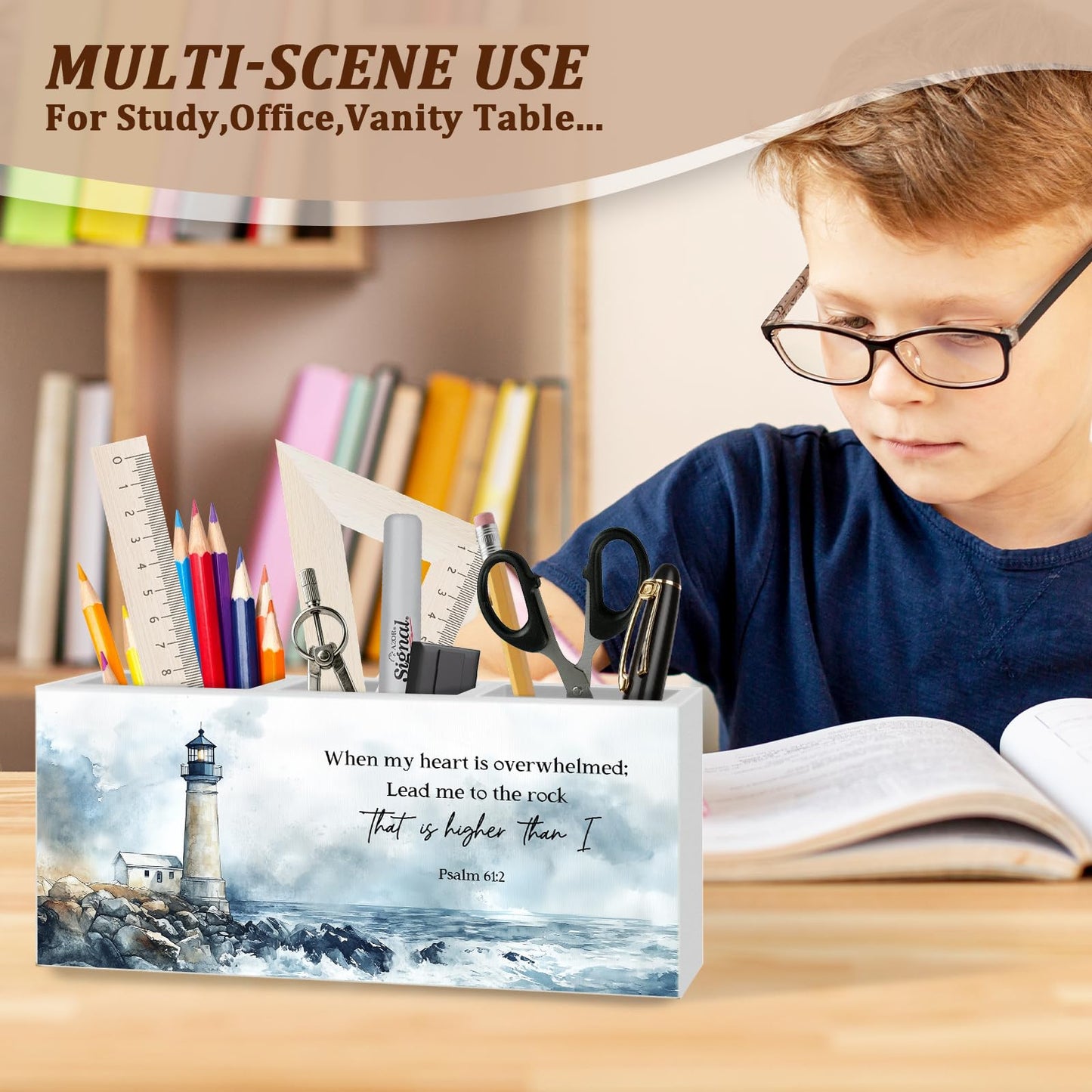 WODMIS Christian Coastal Beach Pen Pencil Holder for Desk, Christian Gifts for Women Men, Nautical Lighthouse Bible Verse Wooden Box Organizer Decorations for Home Office Desk Accessories Tabletop