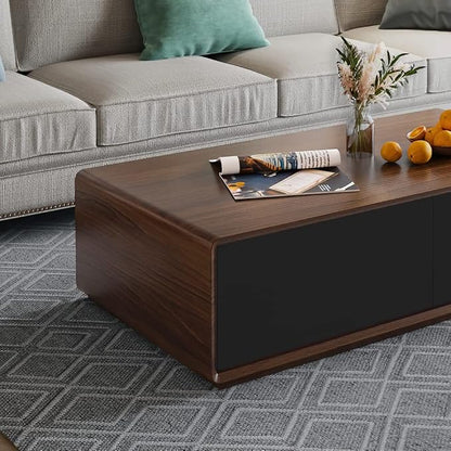 POVISON Modern Coffee Table for Living Room, 51 inch Square Coffee Table with Storage, 4-Drawers Wood Table, Full-Assembled, Walnut and Black