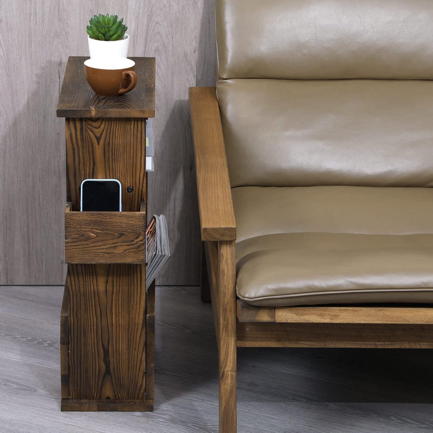 MyGift 24 Inch Tall Rustic Burnt Wood End Table with Remote Control Holder, Storage Shelf, and Magazine Rack, Wooden Narrow Living Room Couch Side Accent Furniture