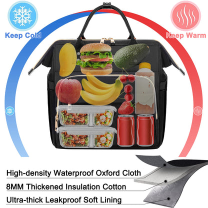 AIJIEKE Large Insulated Lunch Bag for Women, Stylish Leakproof Lunch Box for Work with Multi-Pockets & Adjustable Strap, Reusable Thermal Lunch Tote Cooler for Adult, Picnic, Beach, Black