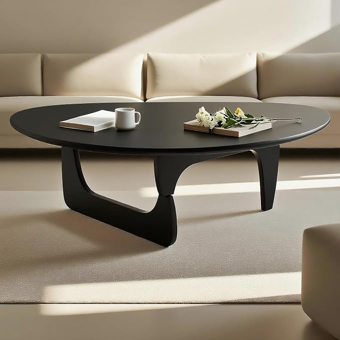 Solid Wood Triangle Coffee Table,Unique Mid Century Modern Oval Coffee Table,Irregular Geometric Tea Tables for Home Living Room with Wooden Tabletop and Reinforced Legs Black 43" L x 31" W x 16" H