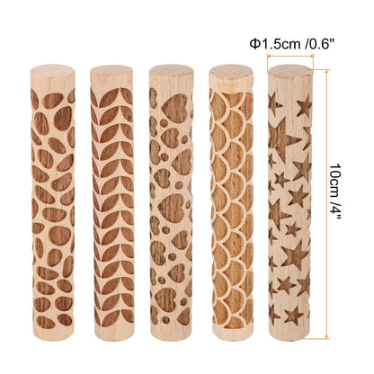 HARFINGTON 5pcs Wood Clay Roller 4" Star Pattern Rolling Pins Wood Rollers Pottery Tools Wood Grain Texture Rollers for Clay Baking Dough Playdough DIY
