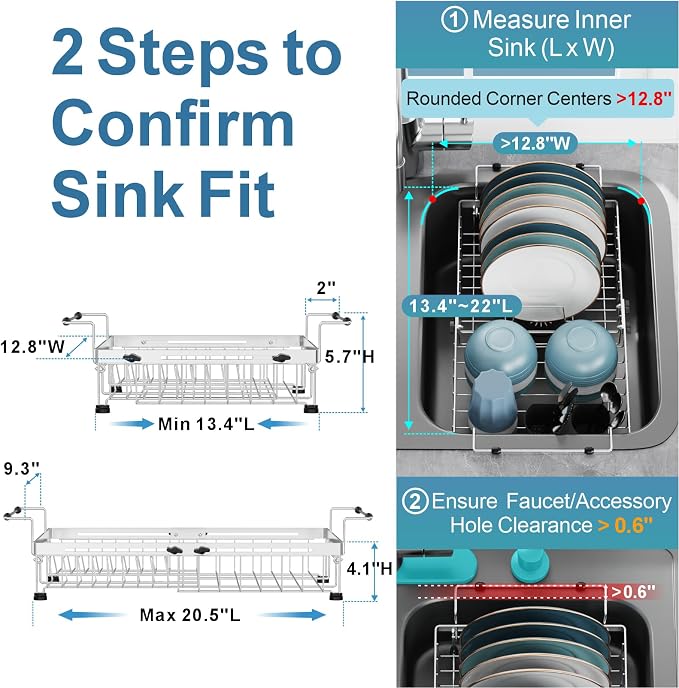 GSlife Over Sink Dish Drying Rack - Large Expandable Stainless Steel in Sink Dish Drainer with Square Corners, Rust Resistant with Lock Knob, Heavy Duty Fit for Modern Single & Double Sinks, Silver