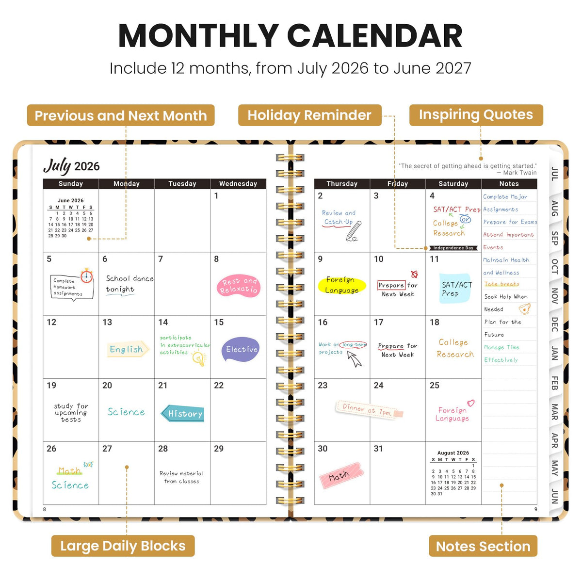 Planner 2026-2027, Monthly and Weekly Academic Planner July 2026 - June 2027, Hardcover Student Teacher Planning Agenda Calendar Book with Tabs, Perfect for Office School Supplies, A5 (6.3" x 8.5") - Leopard