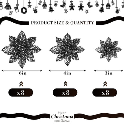 Boao Red,Silver 24 Pieces Poinsettia Flower Christmas Glitter Artificial Poinsettia with Clips Christmas Tree Ornament Decorations for DIY Xmas Wreath Holiday Home Party Decor, 3/4/6 Inches