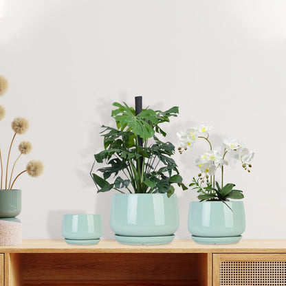GDSZJLJ Ceramic Indoor Pots for Plants,7.5+5.9+4.4 Inch Set of 3,Flower Pots with Drainage Holes and Saucers,Planters Pot with Hole Mesh Pad,Large Planters for Indoor Plants,Gift for Mom,Aqua