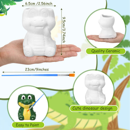 Pasimy 6 Set Ceramics to Paint DIY Ceramic Succulent Planter Pots Paint Your Own Flower Pots Craft Kit Unpainted Bisque Flowerpot with Brush Palette for Family Activity Holiday Gifts (Cute Dinosaur)