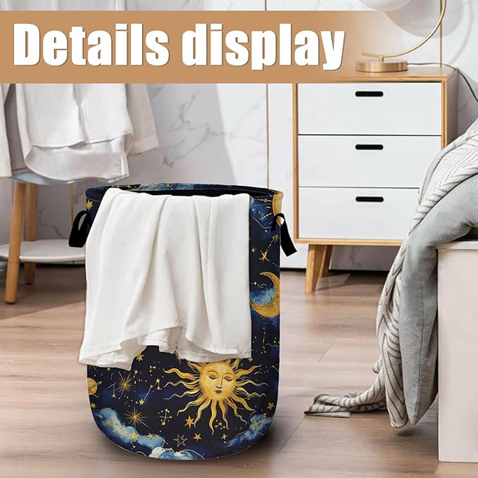 Sun Moon Laundry Basket, Foldable Cloudy Starry Night Laundry Hamper Tote Bag