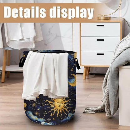 Sun Moon Laundry Basket, Foldable Cloudy Starry Night Laundry Hamper Tote Bag