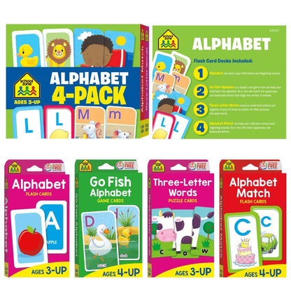 School Zone Alphabet 4-Pack Flash Cards: 224 Cards, Preschool, Kindergarten, Go Fish Alphabet, Three-Letter Words, Alphabet Match, Lowercase & Uppercase Letters, Letter-Picture Recognition, Ages 3+