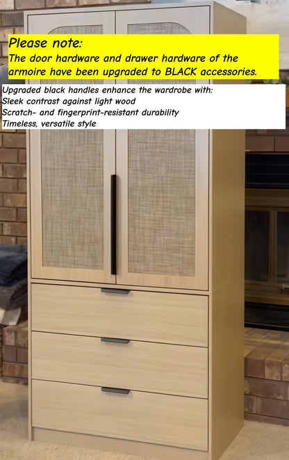 GarveeHome Armoire Wardrobe Closet, 69.5 in Wooden Wardrobe Cabinet with 3 Drawers, Hanging Rod, 2 Doors Clothing Storage Cabinet for Bedroom, Large Capacity Storage, Rattan Door, Natural